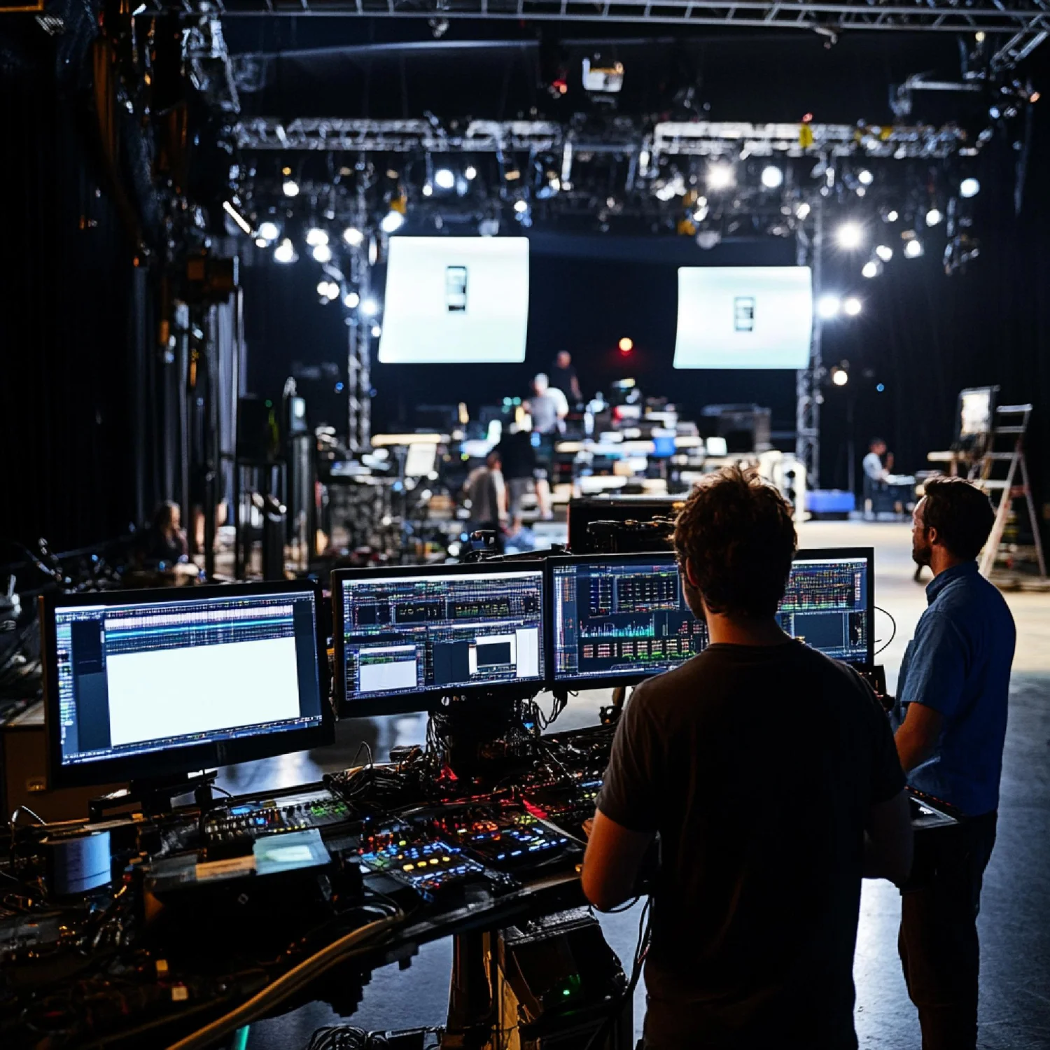 Event production control area with audio and video monitors during a stage setup