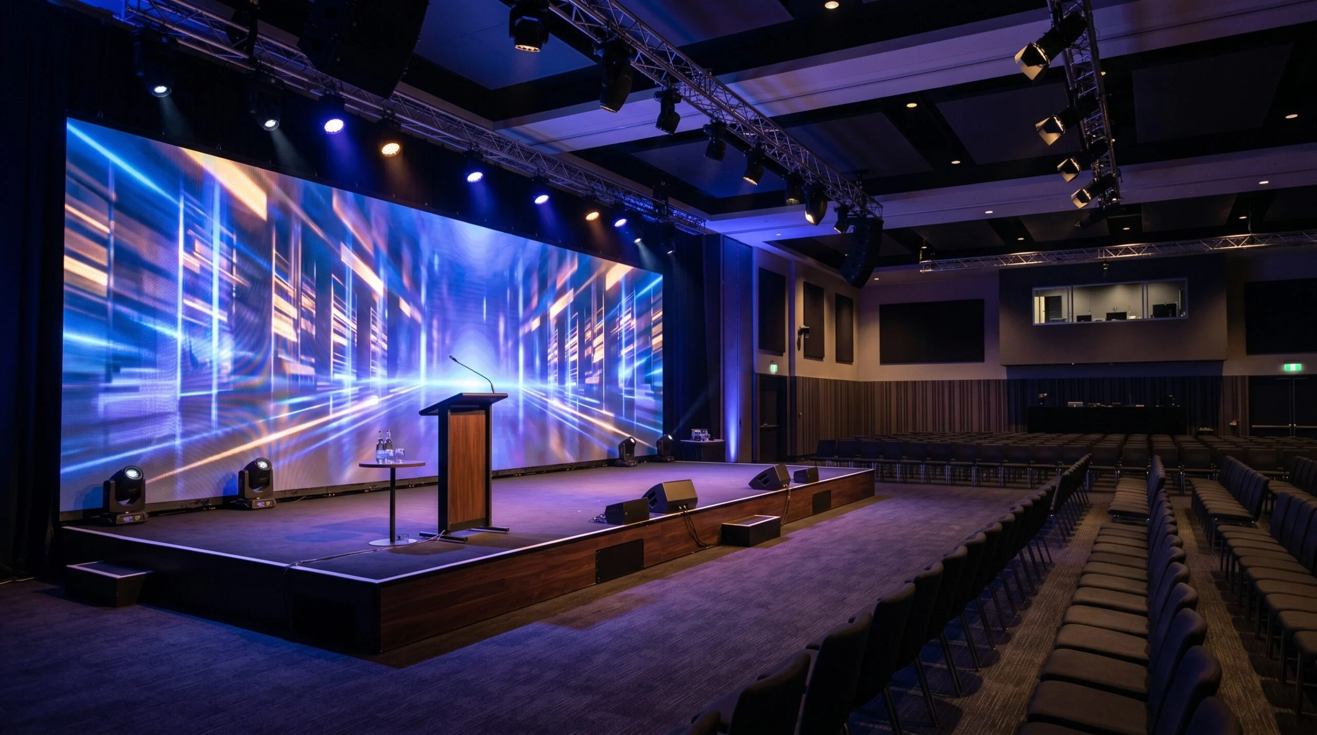 Modern conference hall with large LED screen and stage setup
