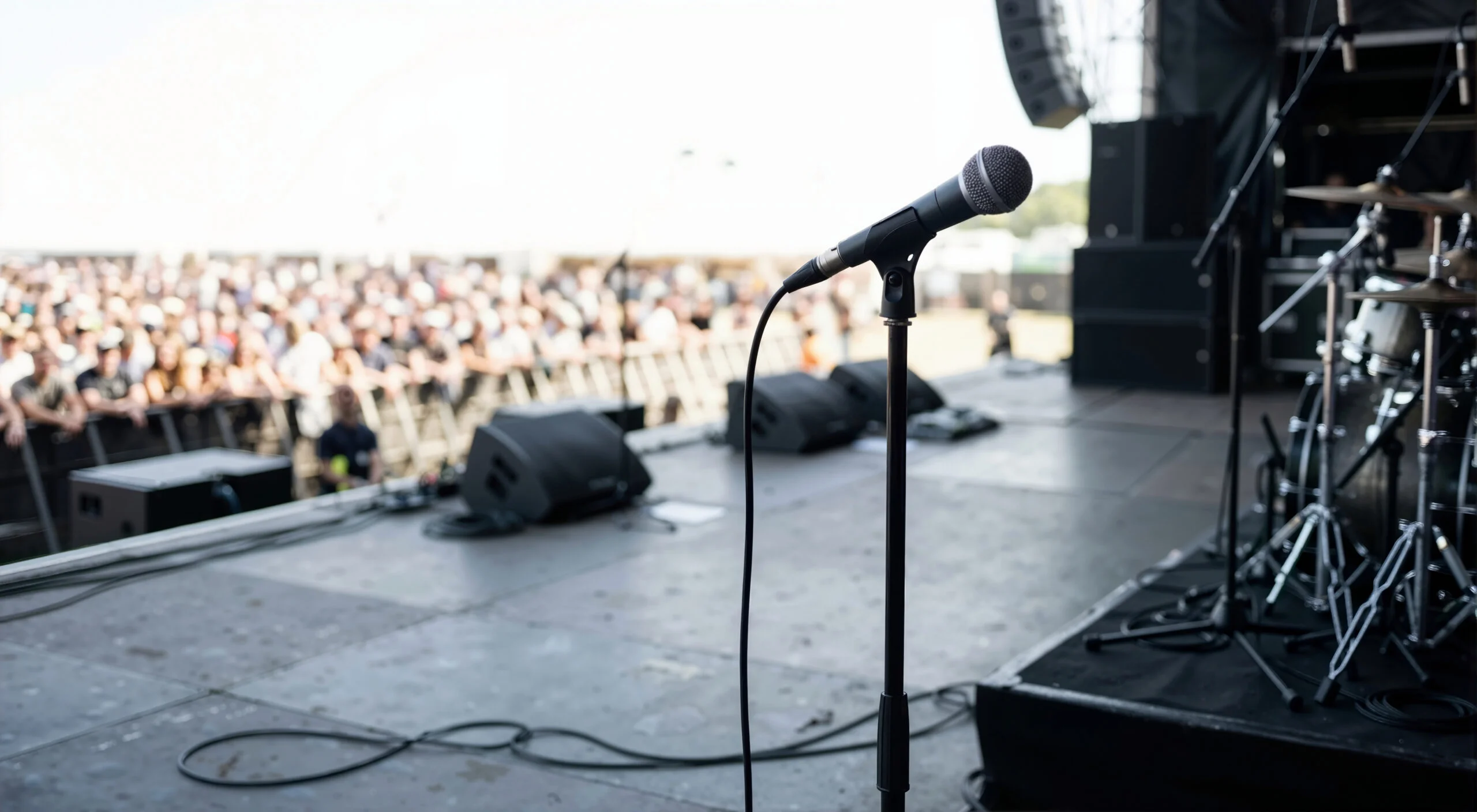 Microphone on a stand on an outdoor concert stage facing a blurred crowd. live music festival
