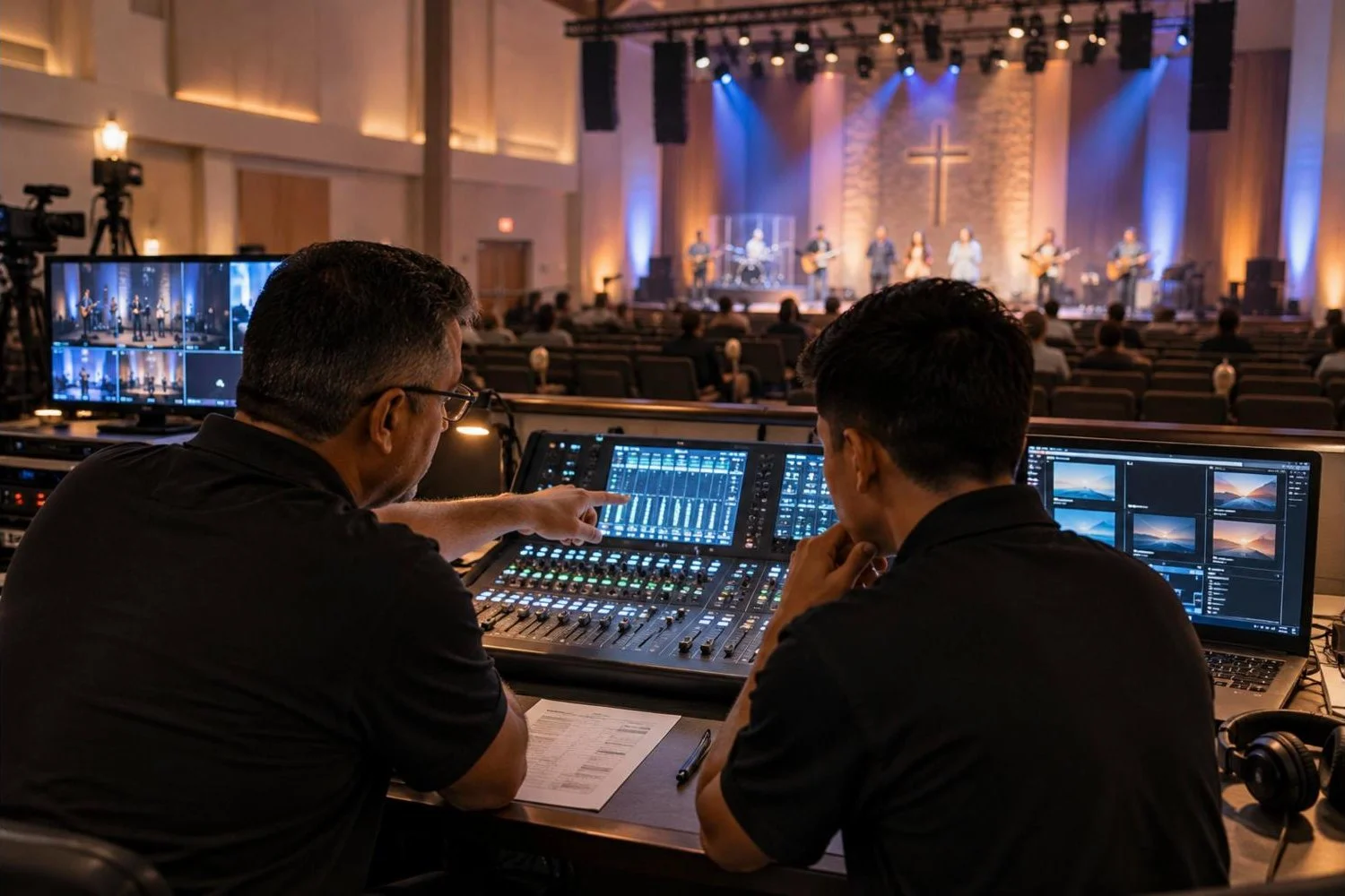Two church volunteers at a digital mixing console and lyrics laptop before a service (illustration)