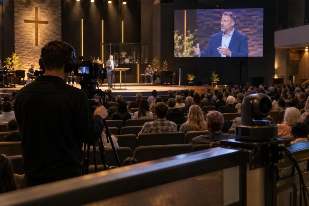 Camera operator filming a pastor with the live close-up shown on an LED wall (illustration)