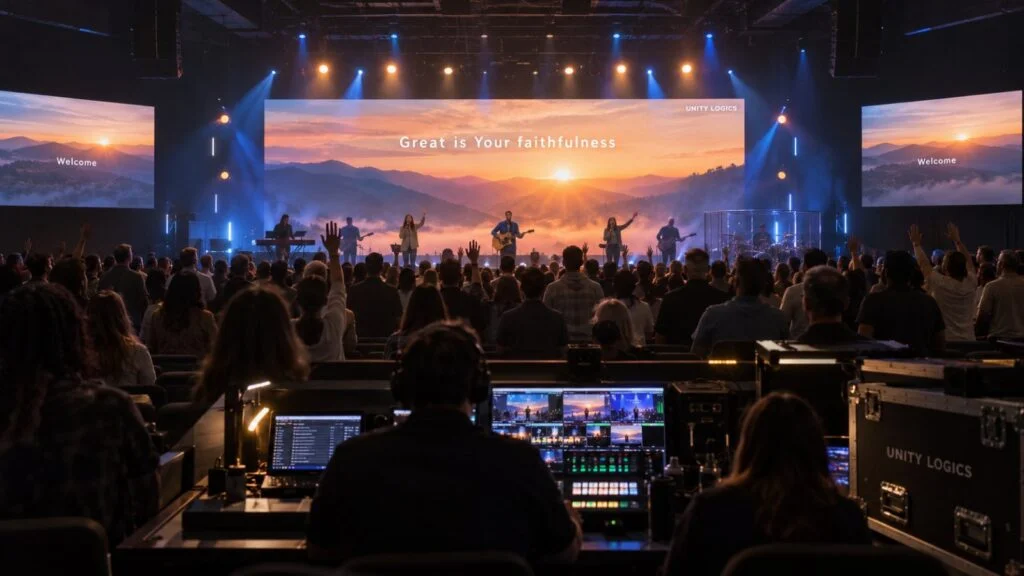 Church worship service with lyrics on a wide LED wall and side screens by Unity Logics (illustration)