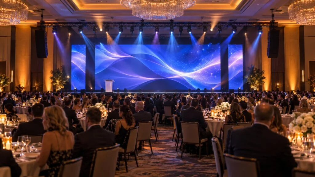 Hotel ballroom awards gala with a wide LED video wall and LED columns by Unity Logics (illustration)