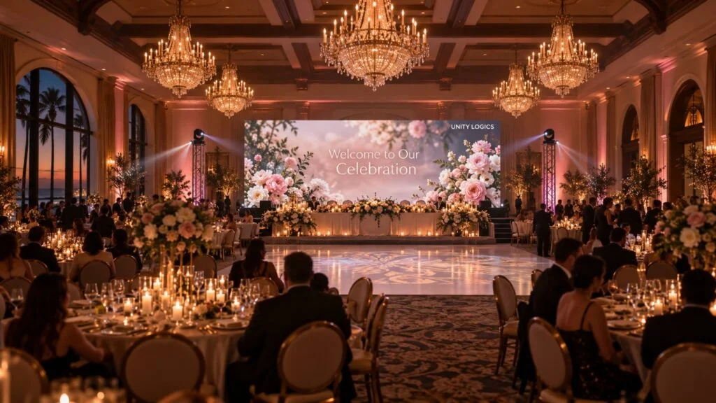 LED wall wedding reception setup at Hyatt Regency Huntington Beach by Unity Logics (illustration)