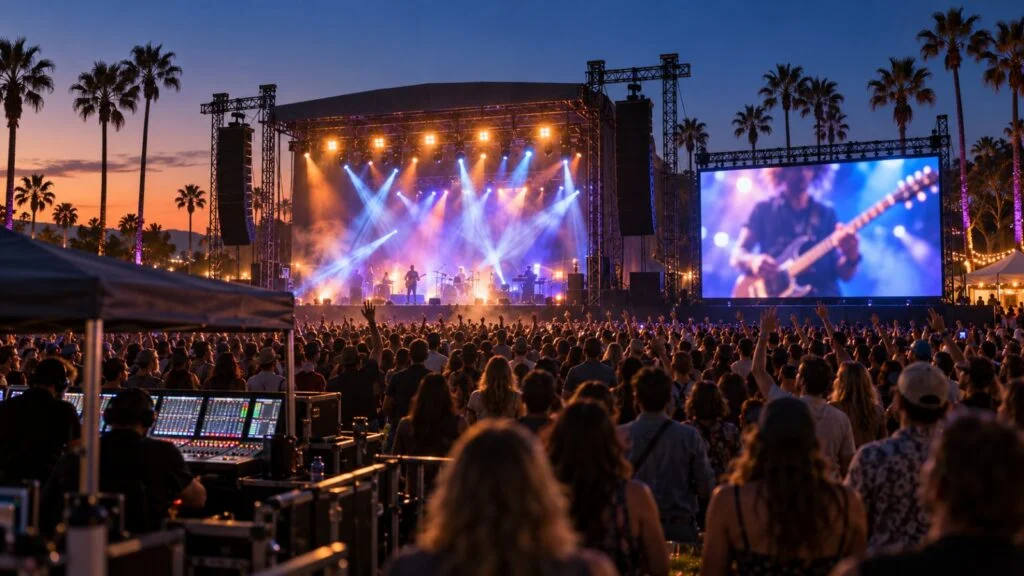 Outdoor LED screen and line-array sound for an evening music festival by Unity Logics (illustration)