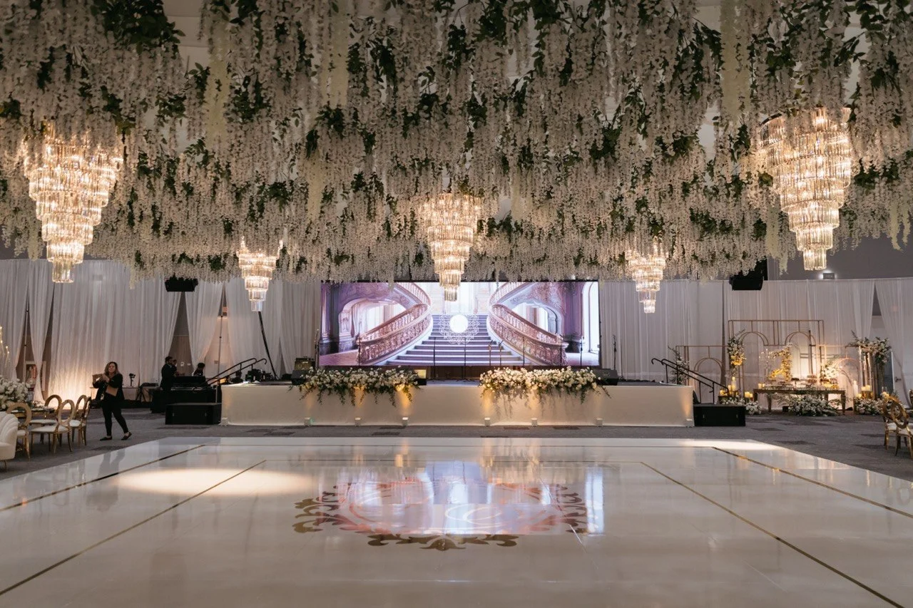LED video wall behind the head table at a luxury wedding, Ontario Convention Center
