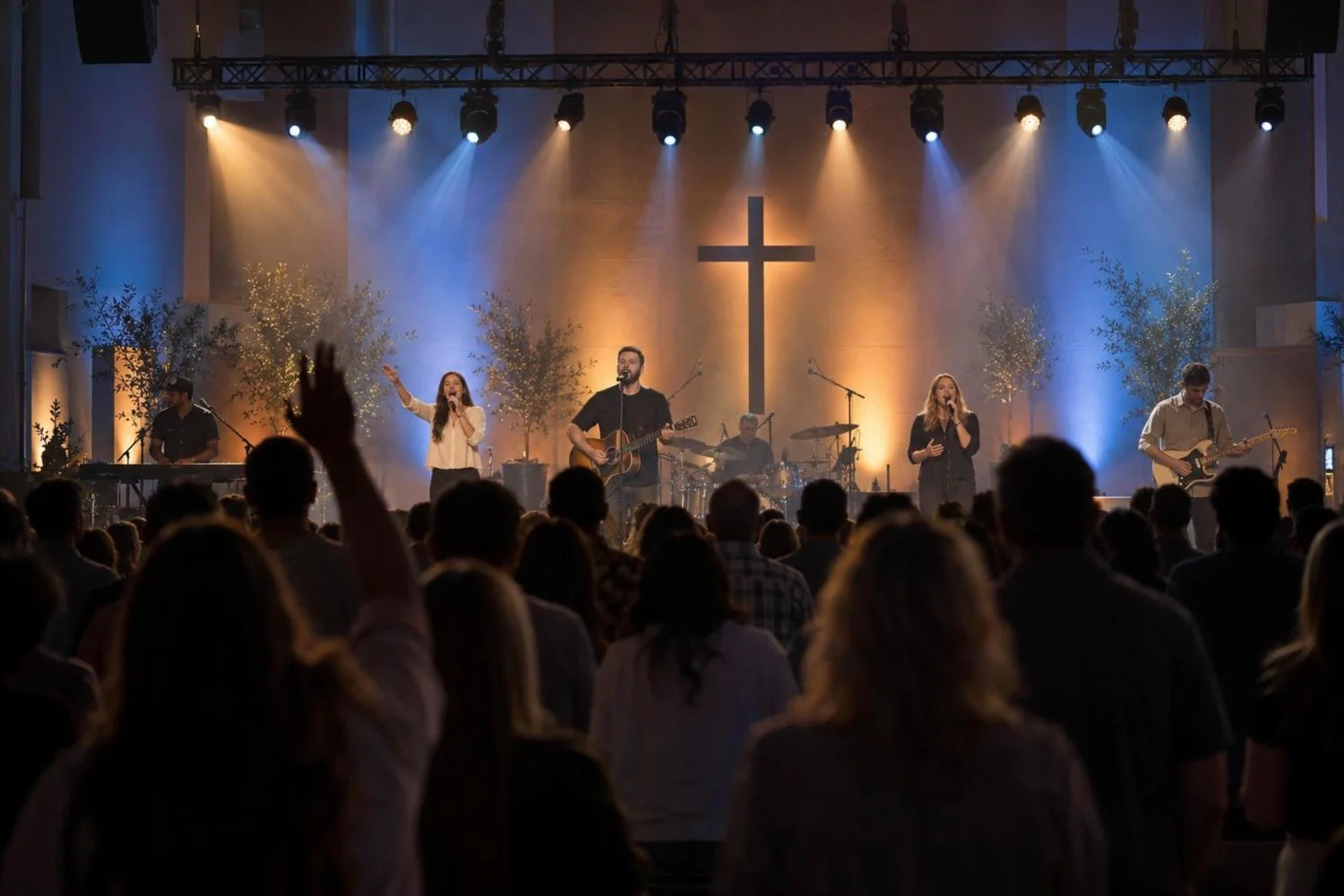 Church worship stage with warm front light, blue and amber wash and haze beams (illustration)