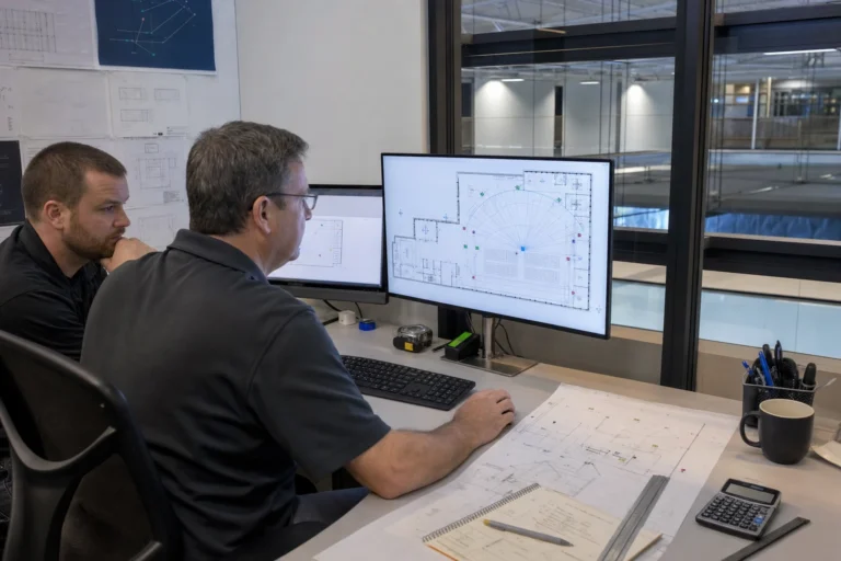 Engineer reviewing a system design drawing