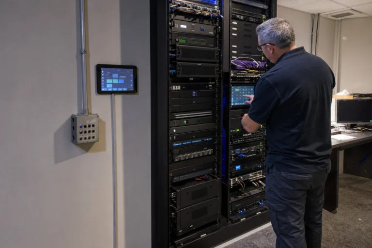Network rack with patch panels and AV processing equipment