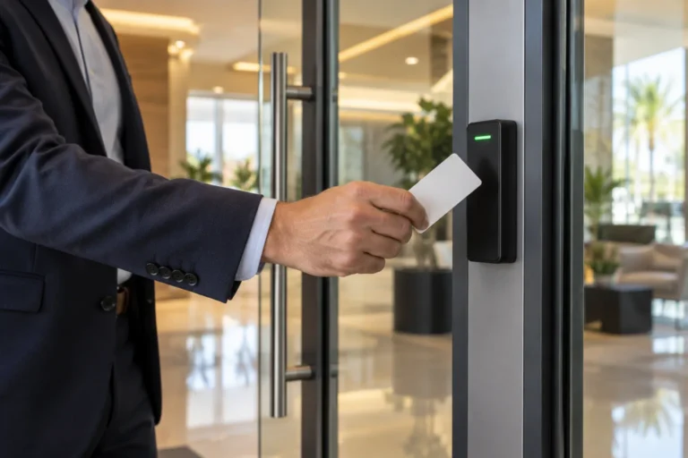 Employee tapping a key card on an access control reader at an office door