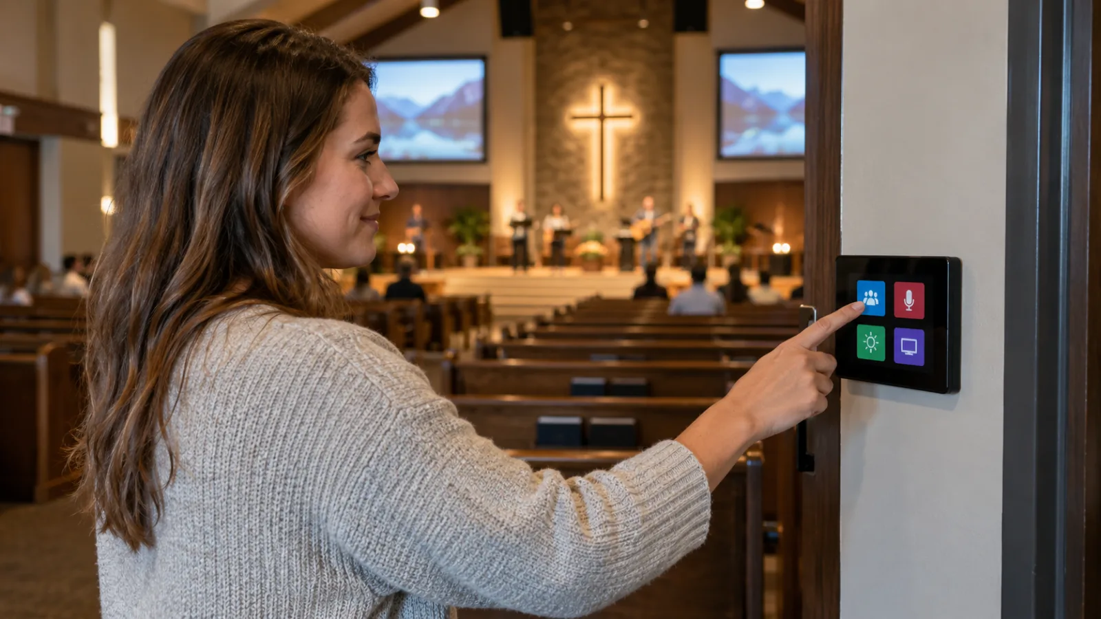 Church volunteer using a simple AV touch control panel