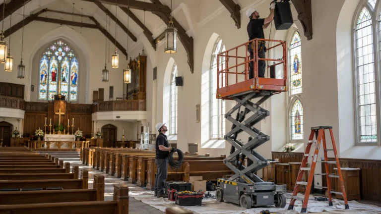 Technicians installing a ceiling speaker in a church sanctuary