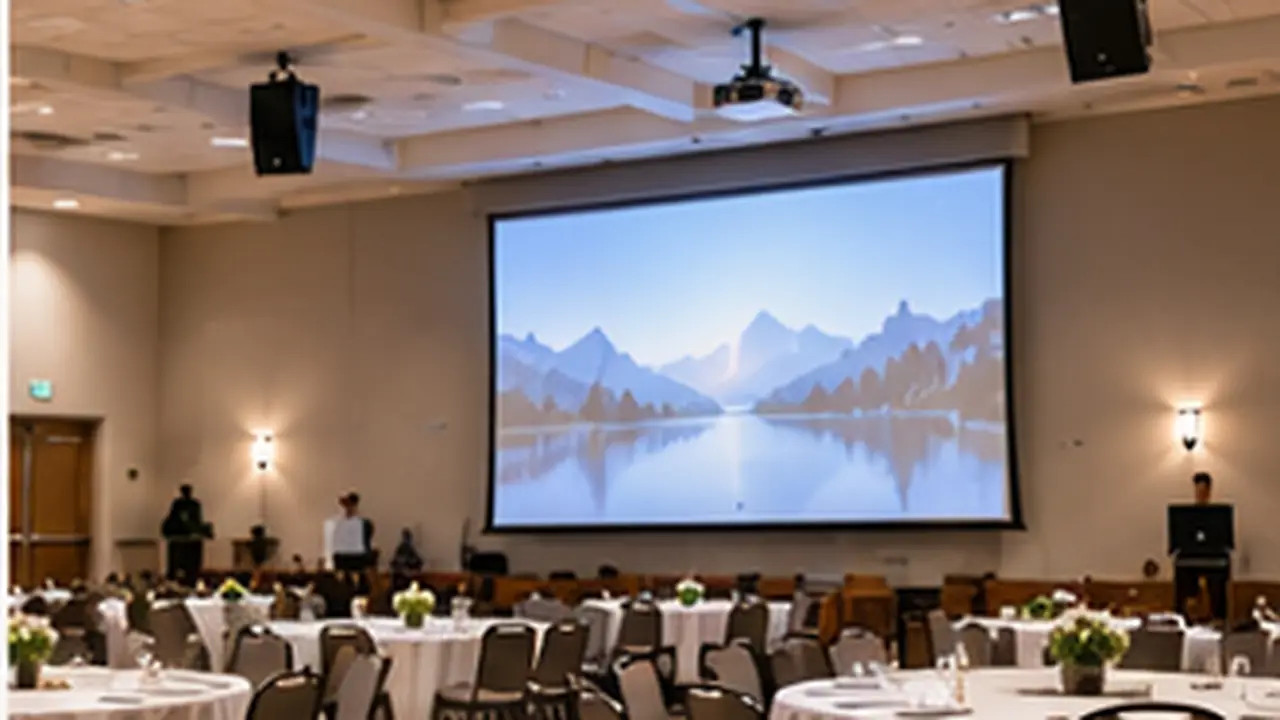 Church fellowship hall with ceiling projector, screen and speakers