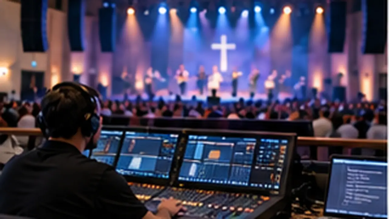 Church front-of-house booth with mixing console during a service