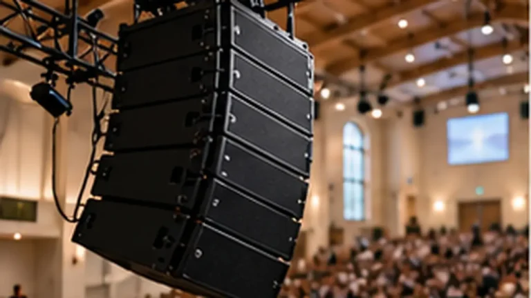 Line array speakers installed in a church sanctuary