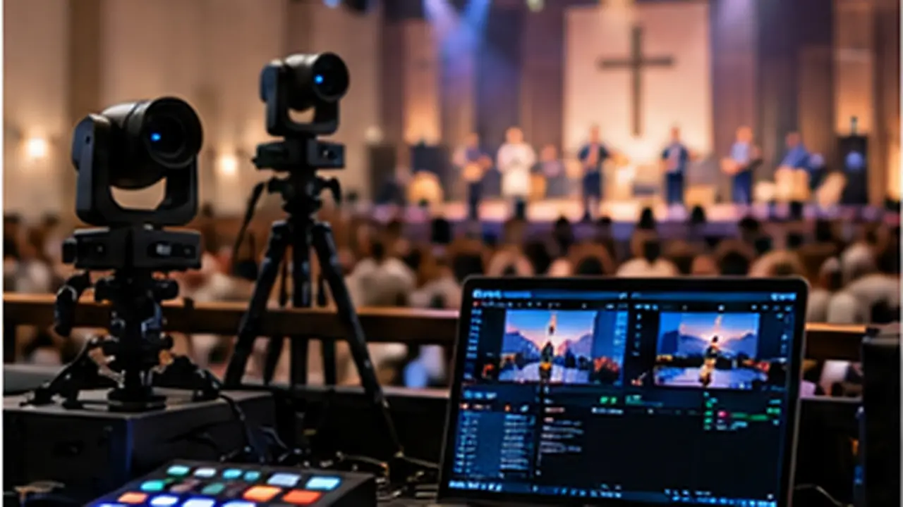 Church livestream setup with PTZ cameras and streaming software