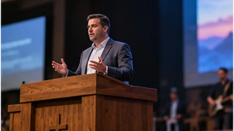 Pastor preaching at a wooden pulpit with side screens in a church