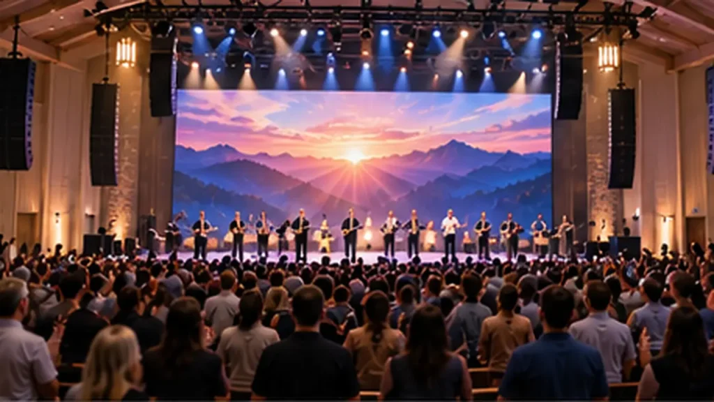 Church sanctuary with an LED wall and worship audio system