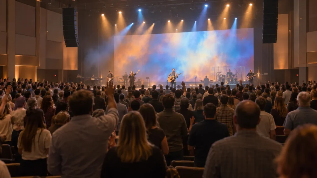 Church sanctuary during worship with line array speakers and LED wall