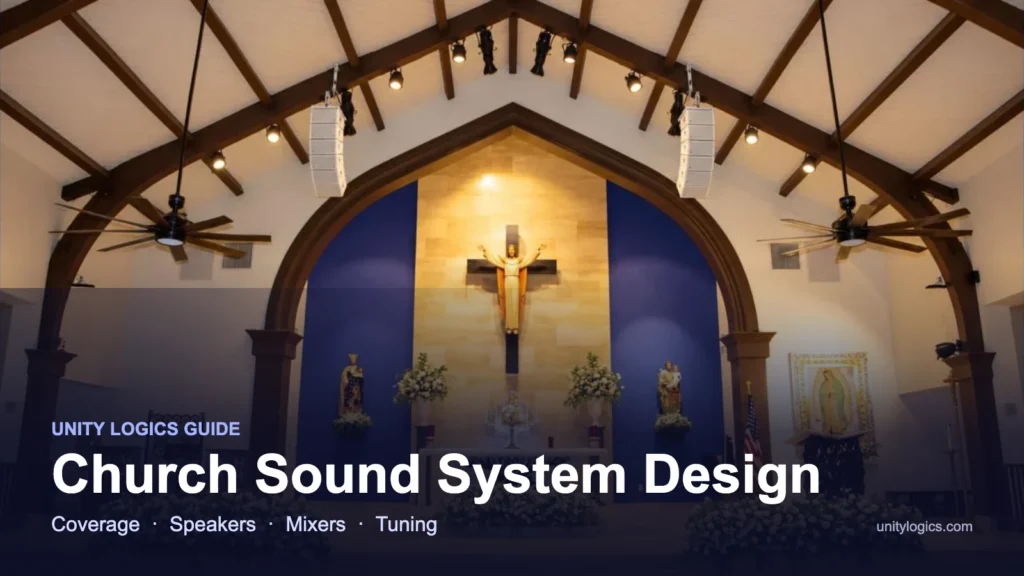 Church Sound System Design guide title over a sanctuary with white line-array speakers (illustration)