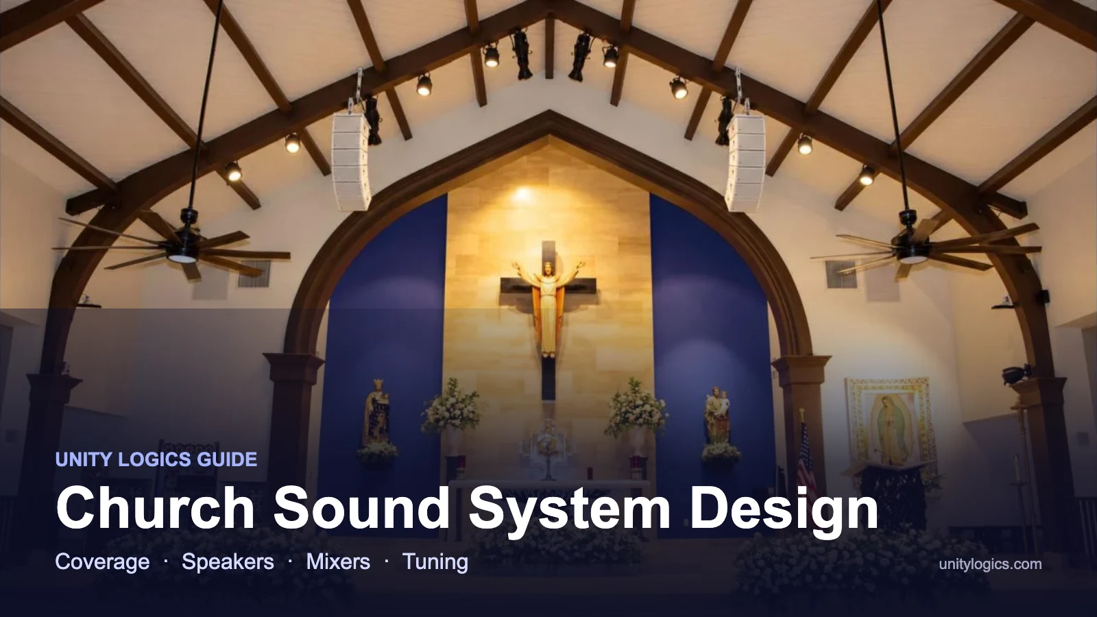 Church Sound System Design guide title over a sanctuary with white line-array speakers (illustration)