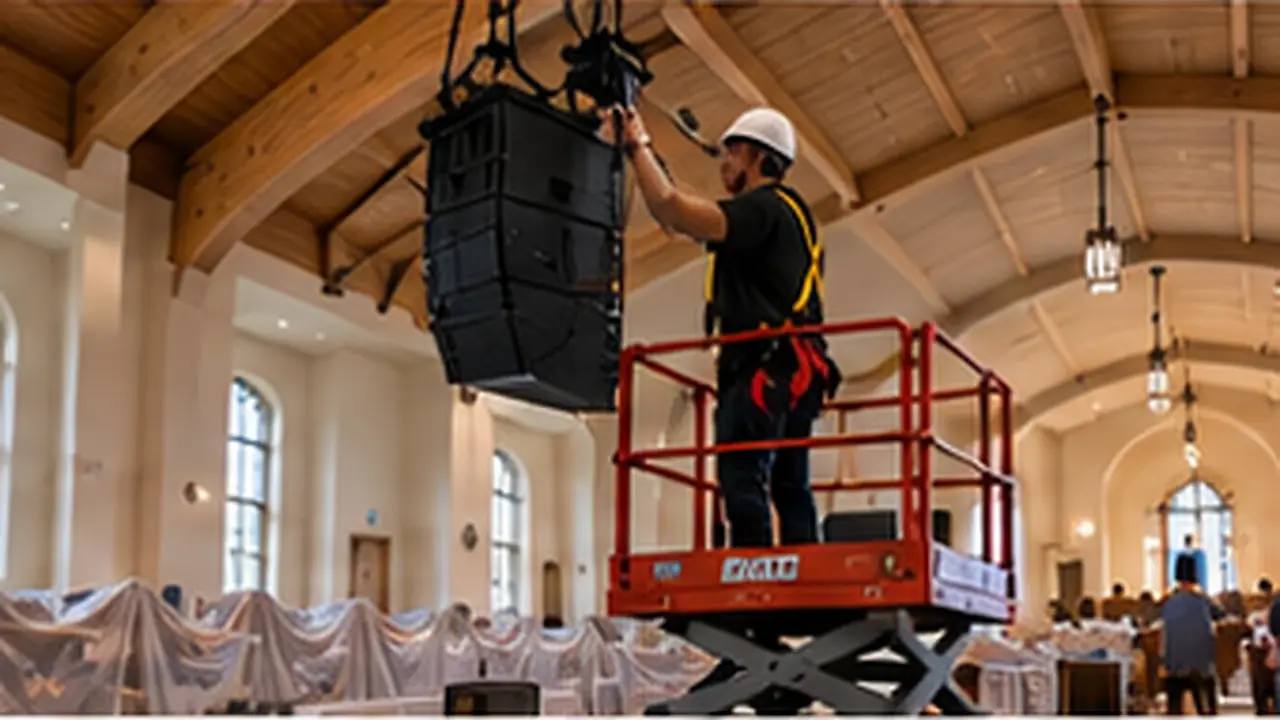 Technician installing speakers from a lift in a church sanctuary