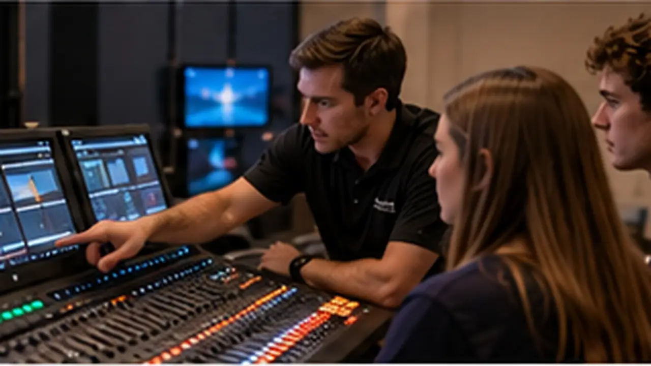 AV technician training church volunteers on a digital mixing console