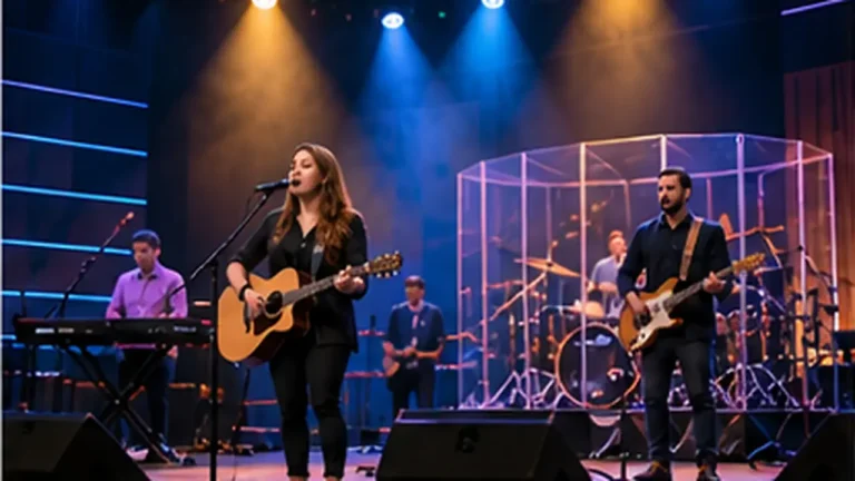 Worship band on stage with colorful stage lighting