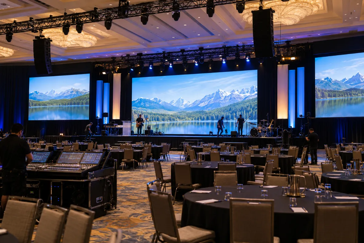 Resort ballroom set for a general session with a central LED wall and side screens (illustration)