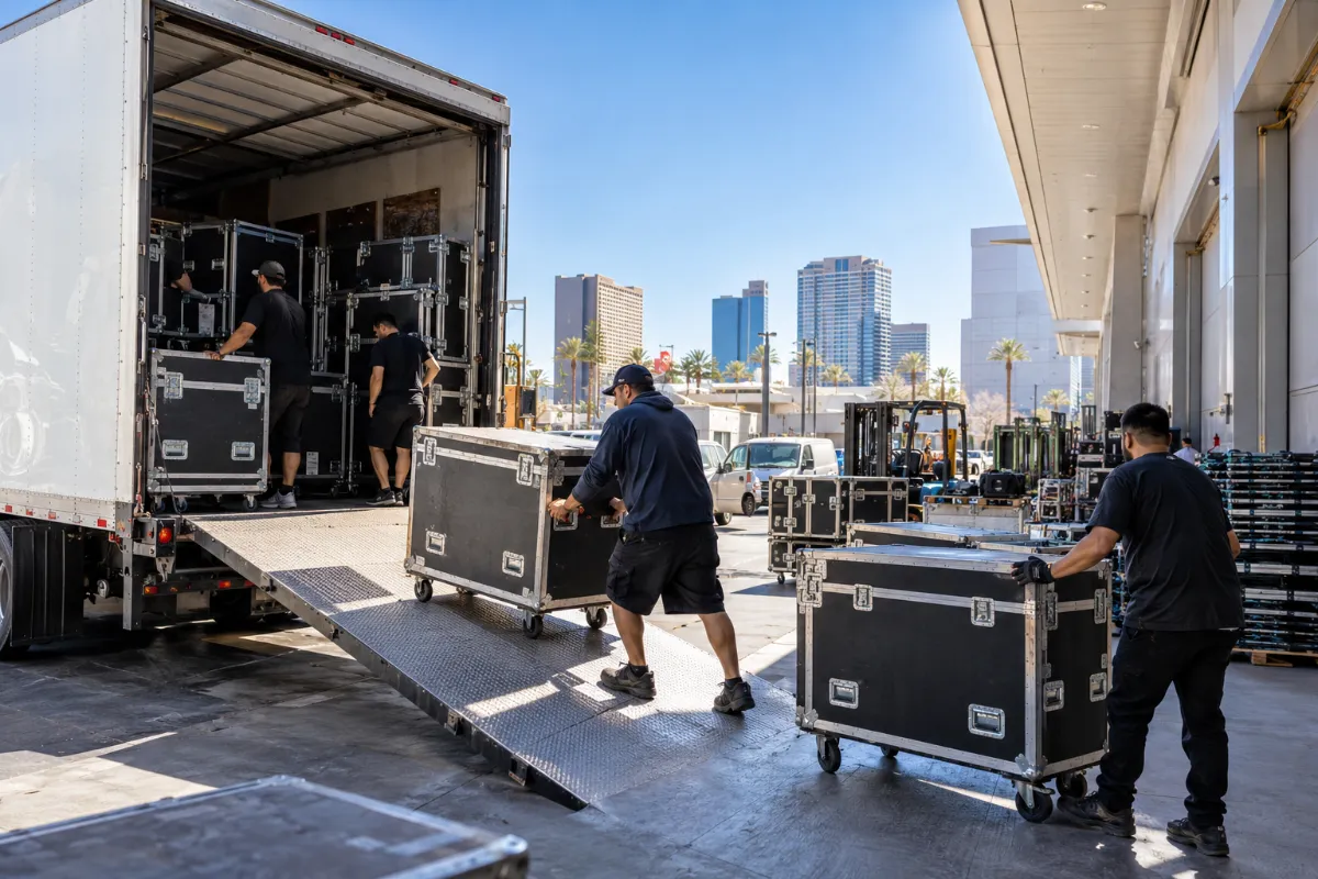 AV crew unloading LED road cases at a convention center loading dock (illustration)