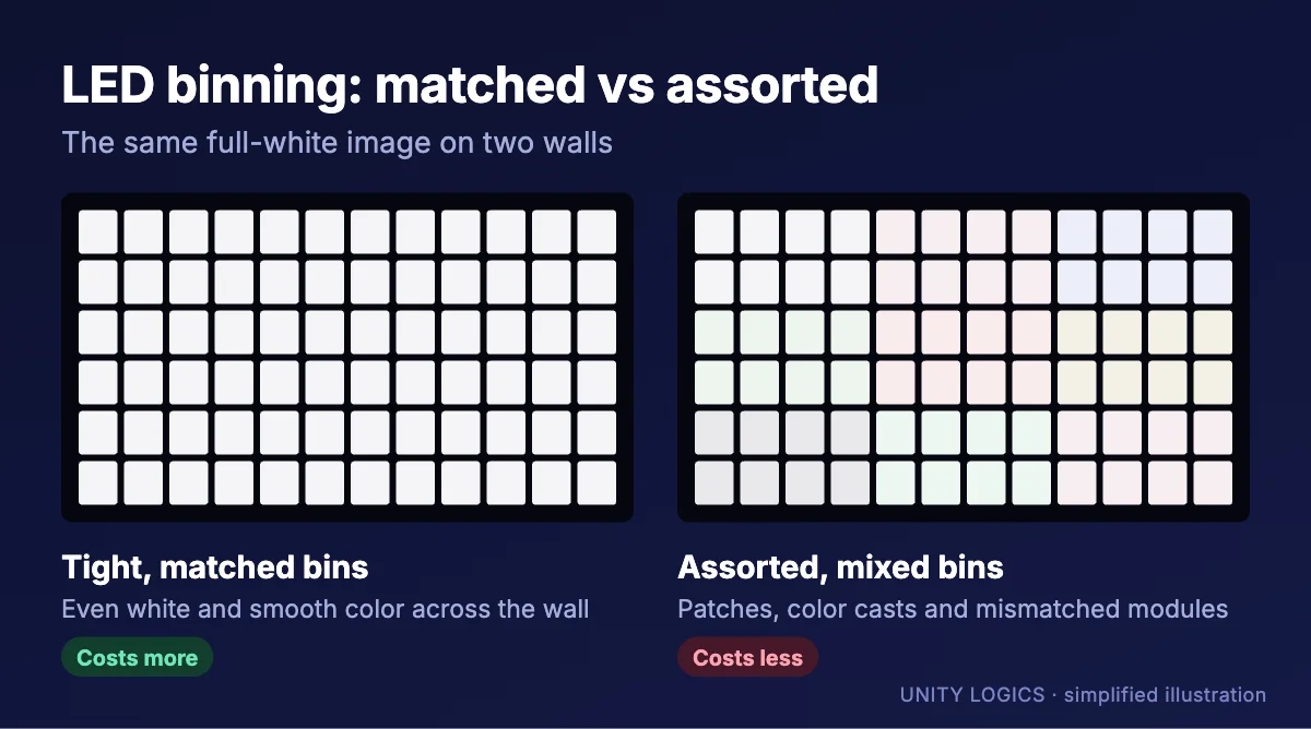 Diagram comparing an LED wall with tightly matched LED bins and one with assorted bins showing color patches (illustration)