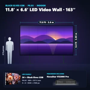 11.8 ft × 6.6 ft P0.93 indoor LED video wall (36 panels) shown next to a 6 ft person