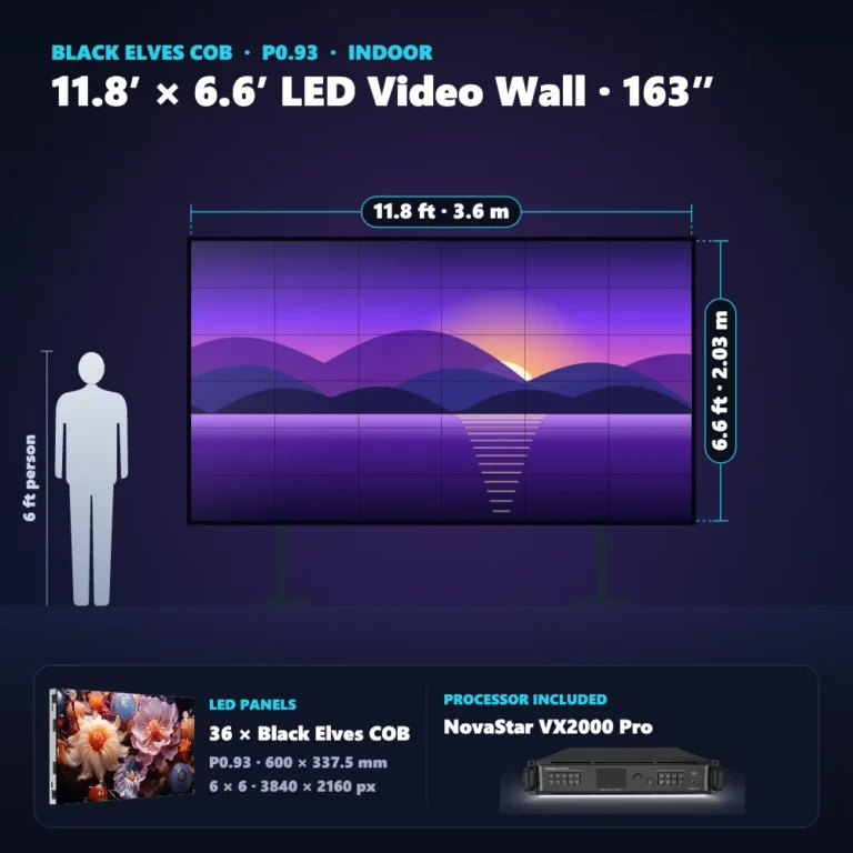 11.8 ft × 6.6 ft P0.93 indoor LED video wall (36 panels) shown next to a 6 ft person