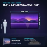 11.8 ft × 6.6 ft P0.93 indoor LED video wall (36 panels) shown next to a 6 ft person, with NovaStar VX2000 Pro processor