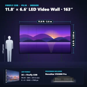 11.8 ft × 6.6 ft P0.93 indoor LED video wall (36 panels) shown next to a 6 ft person, with NovaStar VX2000 Pro processor