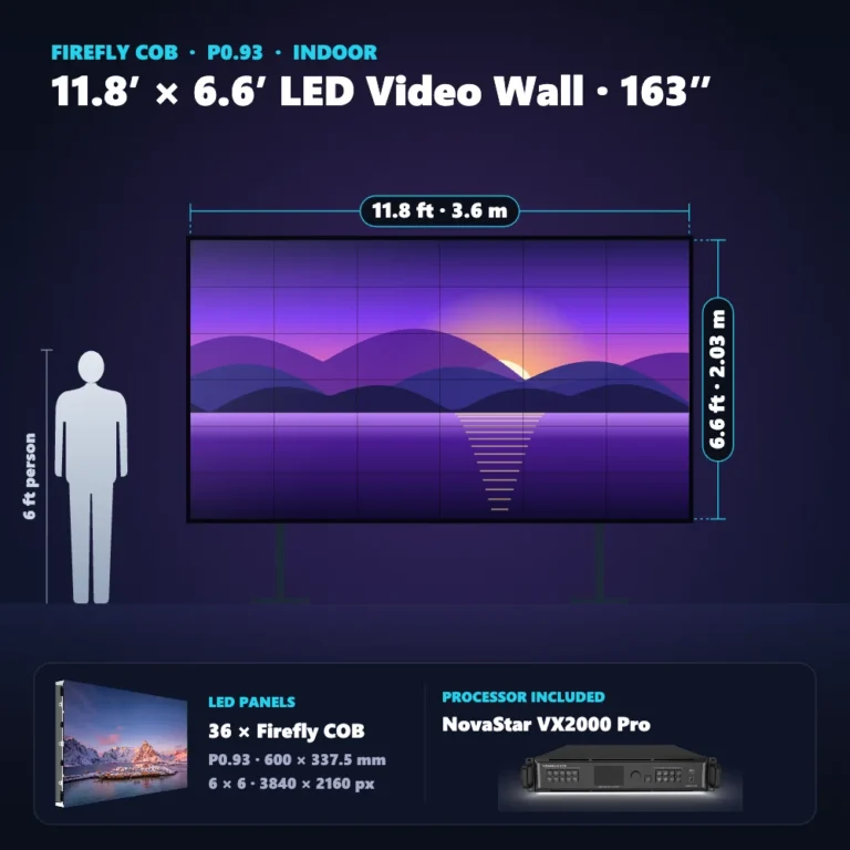 11.8 ft × 6.6 ft P0.93 indoor LED video wall (36 panels) shown next to a 6 ft person