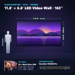 11.8 ft × 6.6 ft P1.25 indoor LED video wall (36 panels) shown next to a 6 ft person, with NovaStar VX1000 Pro processor