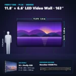 11.8 ft × 6.6 ft P1.56 indoor LED video wall (36 panels) shown next to a 6 ft person, with NovaStar VX600 Pro processor
