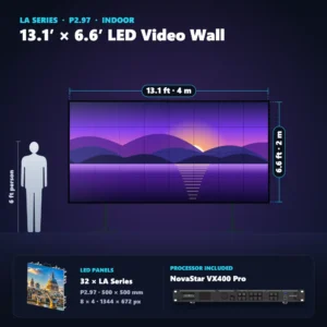 13.1 ft × 6.6 ft P2.97 indoor LED video wall (32 panels) shown next to a 6 ft person, with NovaStar VX400 Pro processor