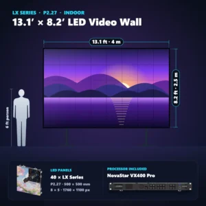13.1 ft × 8.2 ft P2.27 indoor LED video wall (40 panels) shown next to a 6 ft person, with NovaStar VX400 Pro processor