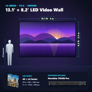 13.1 ft × 8.2 ft P2.6 indoor LED video wall (40 panels) shown next to a 6 ft person, with NovaStar VX400 Pro processor