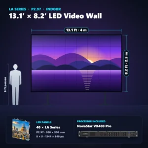 13.1 ft × 8.2 ft P2.97 indoor LED video wall (40 panels) shown next to a 6 ft person, with NovaStar VX400 Pro processor