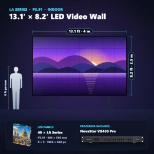 13.1 ft × 8.2 ft P3.91 indoor LED video wall (40 panels) shown next to a 6 ft person, with NovaStar VX400 Pro processor
