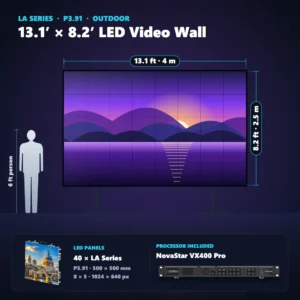 13.1 ft × 8.2 ft P3.91 outdoor LED video wall (40 panels) shown next to a 6 ft person, with NovaStar VX400 Pro processor