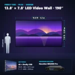 13.8 ft × 7.8 ft P0.93 indoor LED video wall (49 panels) shown next to a 6 ft person, with NovaStar MX2000 Pro processor