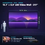 15.7 ft × 8.9 ft P0.93 indoor LED video wall (64 panels) shown next to a 6 ft person, with NovaStar MX2000 Pro processor