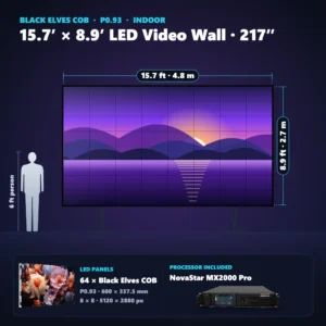 15.7 ft × 8.9 ft P0.93 indoor LED video wall (64 panels) shown next to a 6 ft person, with NovaStar MX2000 Pro processor