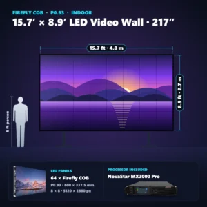 15.7 ft × 8.9 ft P0.93 indoor LED video wall (64 panels) shown next to a 6 ft person, with NovaStar MX2000 Pro processor