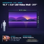 15.7 ft × 8.9 ft P1.25 indoor LED video wall (64 panels) shown next to a 6 ft person, with NovaStar VX2000 Pro processor