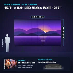 15.7 ft × 8.9 ft P1.25 indoor LED video wall (64 panels) shown next to a 6 ft person, with NovaStar VX2000 Pro processor